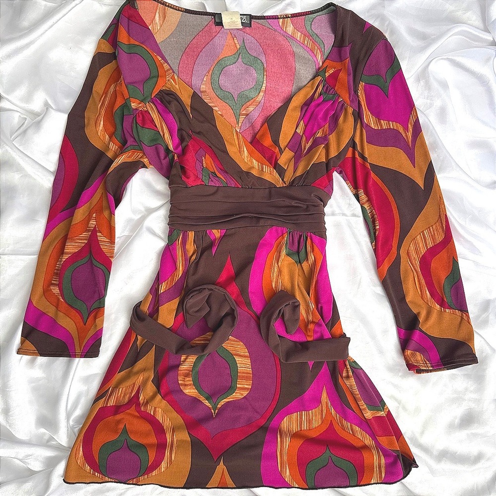 J.T.B. Retro Psychedelic Print Tunic Top Long Sleeve V-Neck Empire Waist Brown M